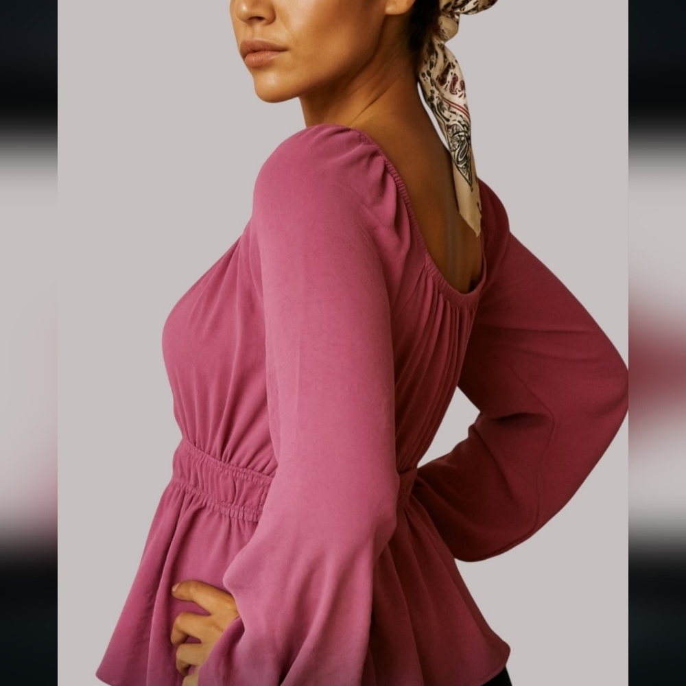 NWT Olive & Oak Peplum Blouse Raspberry Pink Long Balloon Sleeves